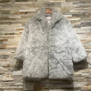 Lyre Bird Vintage Faux Fur Coat | Gray Silver Plush Swing Jacket, Hook Closures